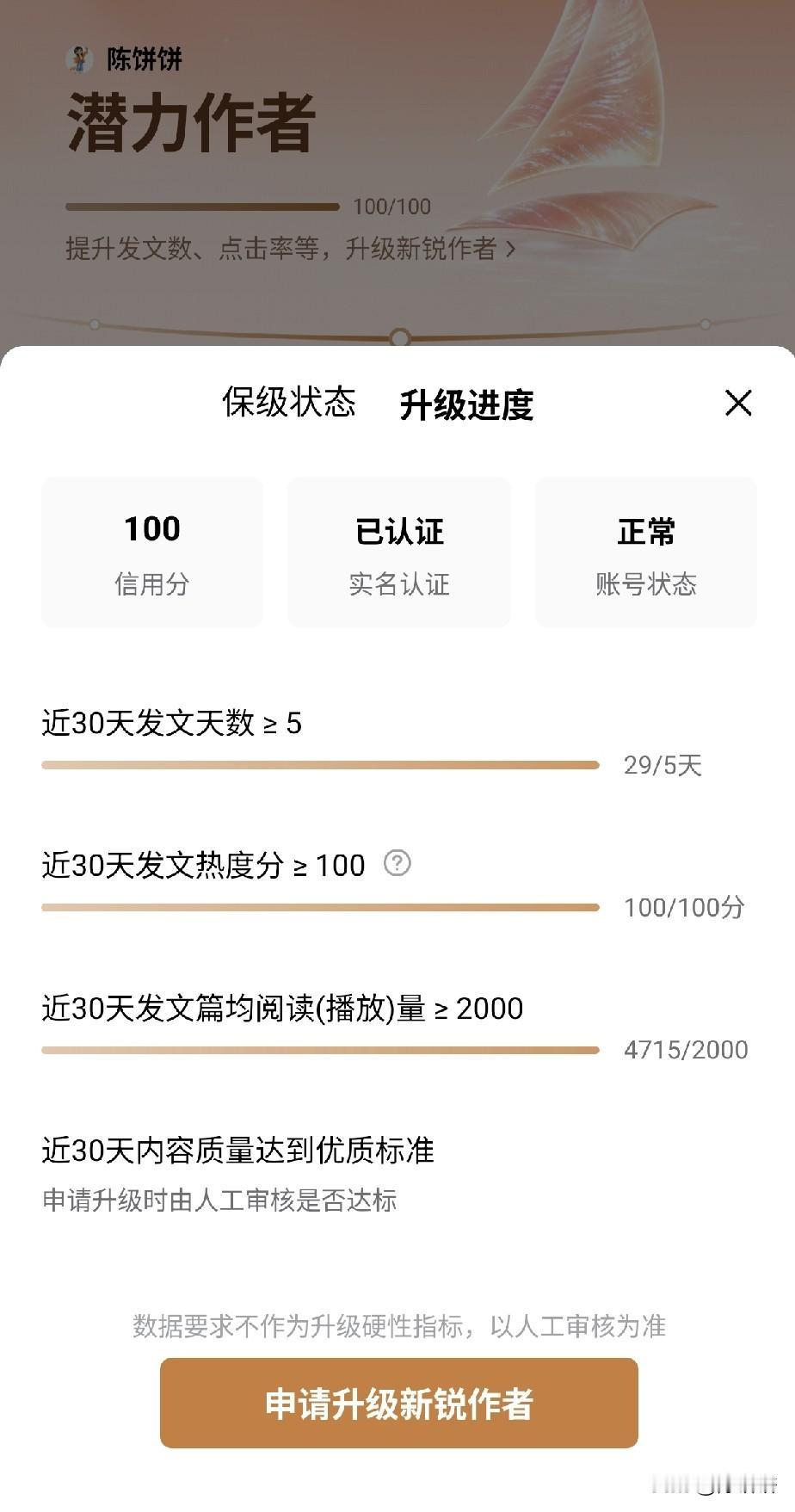 潜力作者全部指标拉满，准备冲新锐作者啦
 
看了下账号升级进度，各项数据全部达标