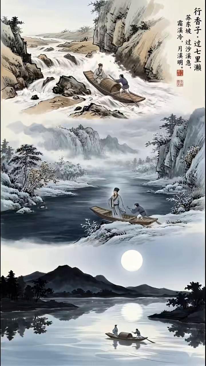 苏东坡。
水天清，影湛波平。
一叶舟轻，双浆鸿惊。
鱼翻藻鉴，鹭点烟汀。
霜溪冷