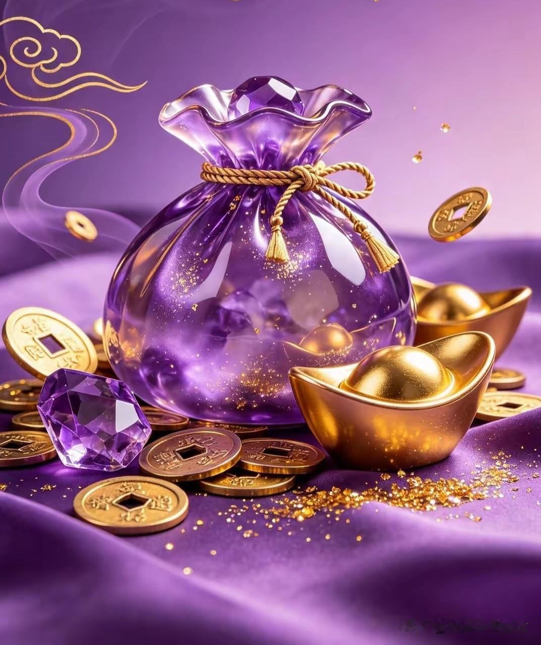 紫袋纳祥聚金宝，
瑞气盈门广财源。