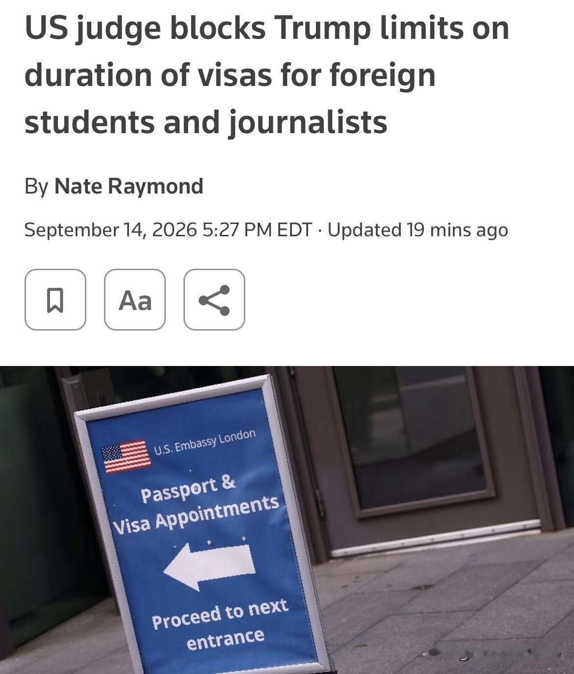 路透社报道美国政府关于学生签证限制政策的最新消息：美国一联邦法官阻止特朗普对外国
