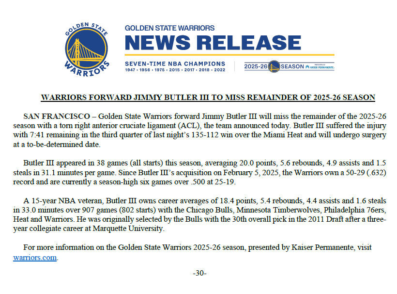 勇士前锋巴特勒将缺席2025-26赛季剩余比赛：勇士官方发布