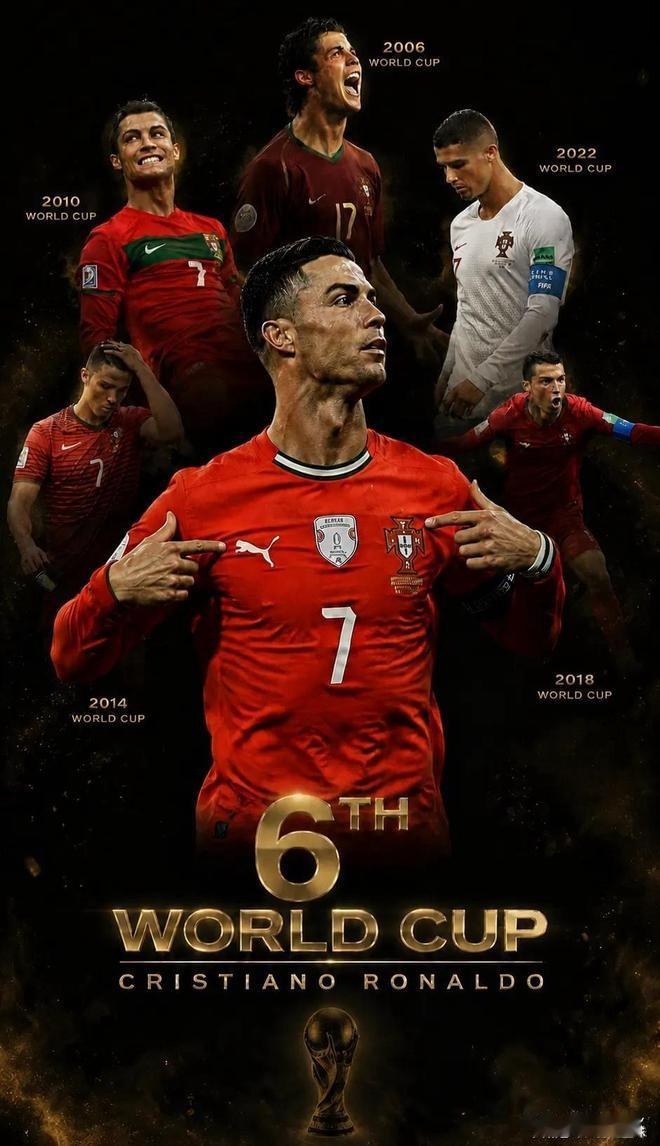 C罗第六次出征2026世界杯（41岁），是足球史上首位达成此成就的球员，既是自律