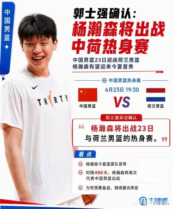 杨瀚森时隔468天再次回到国家队，郭士强已经明确表示下场对阵荷兰，杨瀚森肯定上场