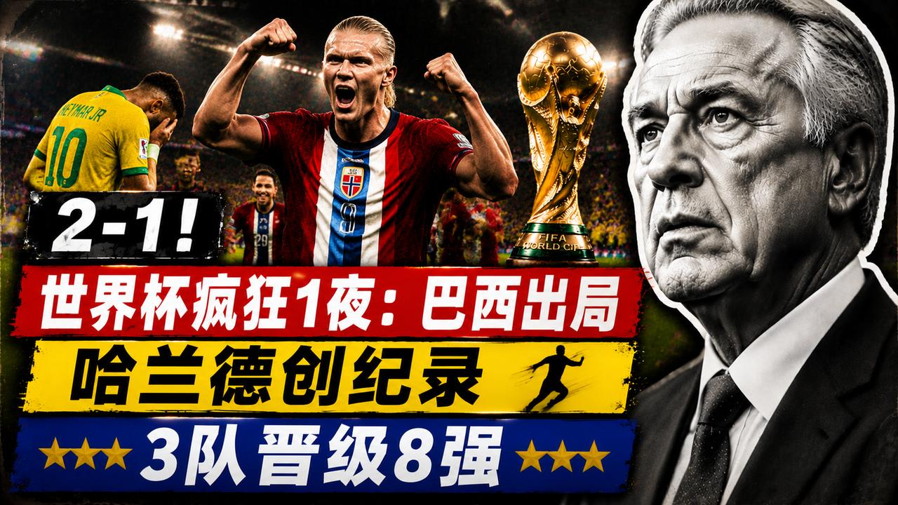 2-1，世界杯疯狂1夜：巴西出局 哈兰德创纪录 3队晋级8强
一夜之间，五星巴西