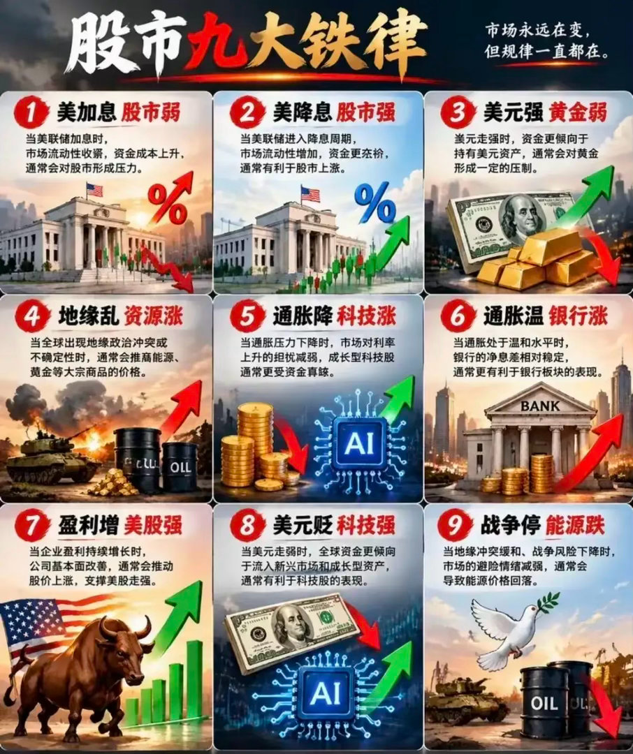 市场永远在变，但规律一直都在！一张图看懂【股市九大铁律】👇1️⃣ 美加息→股市