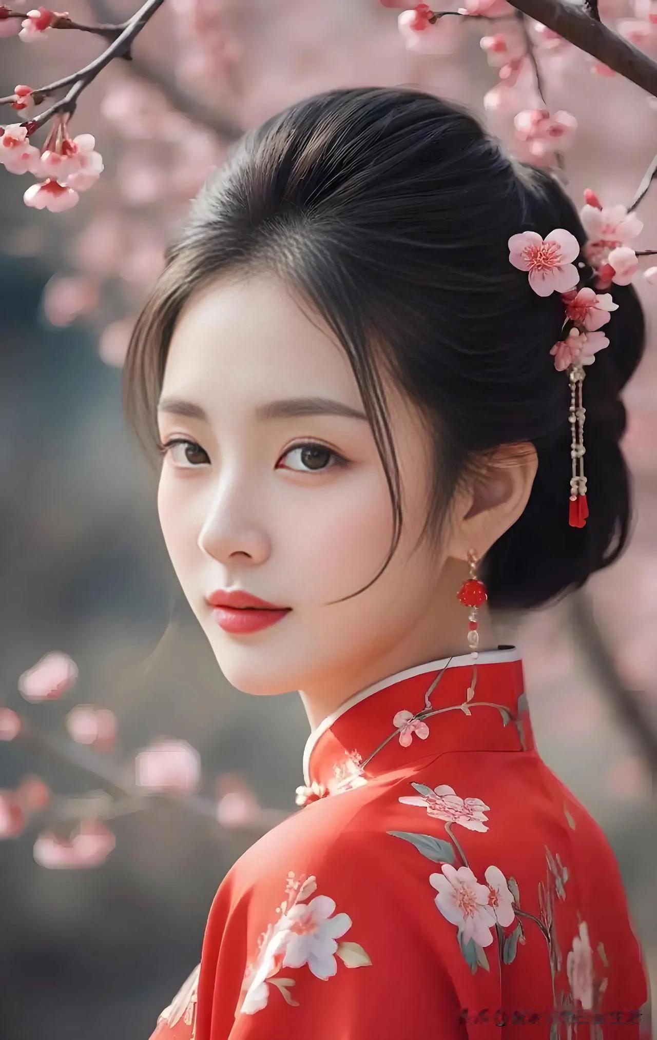 樱花树下，红衣少女，春意盎然。🌸🌸🌸