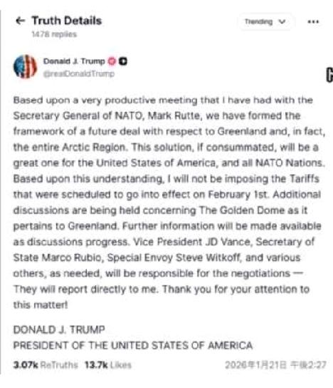 特朗普的缓兵之计：暂不对欧洲8国征收新关税
       外媒1月22日报道，美