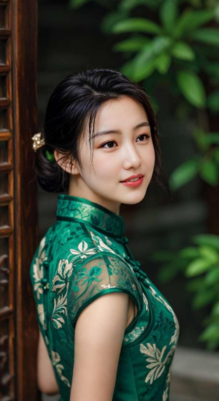 AI扩图 AI绿旗袍佳人