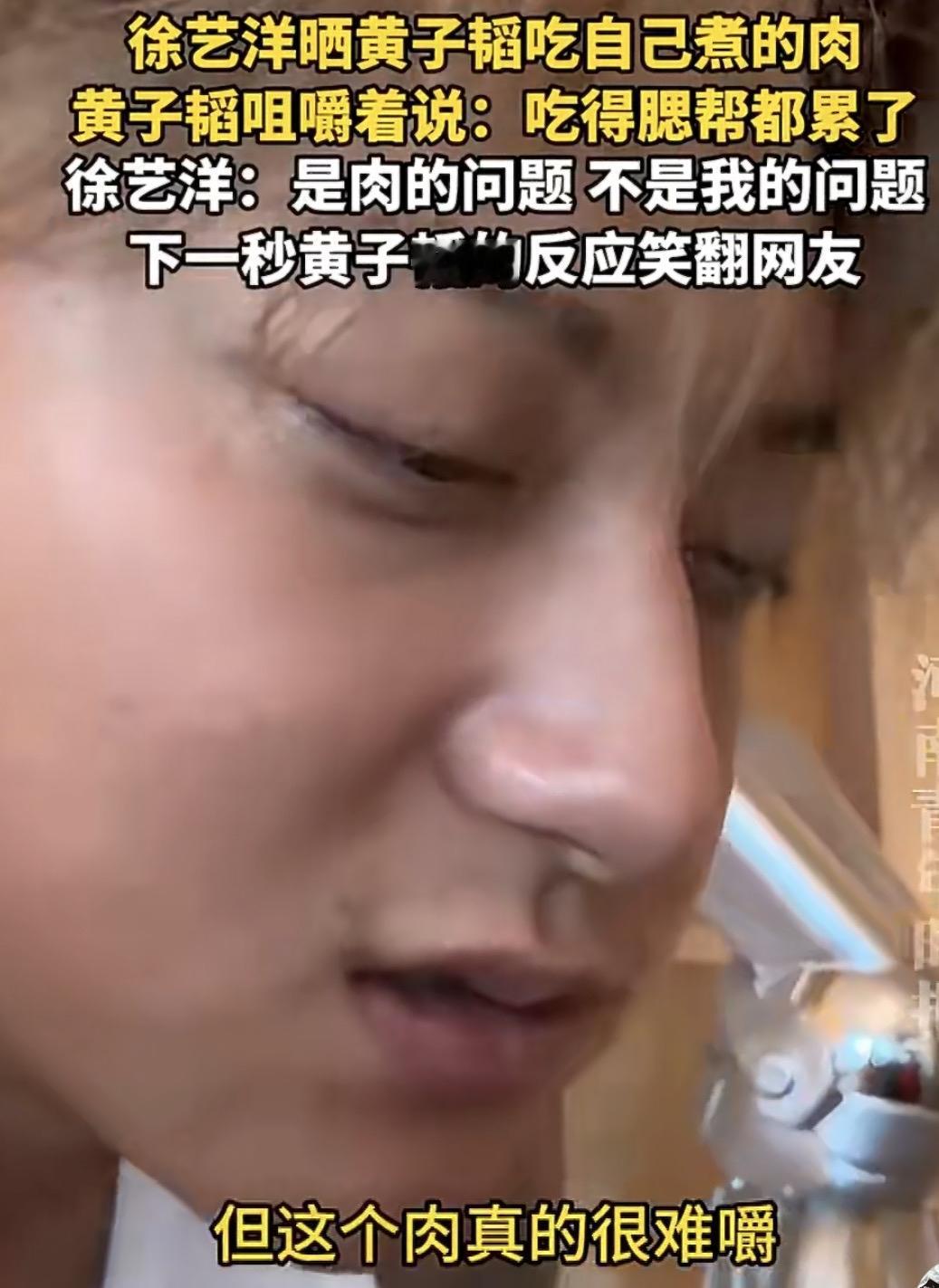 徐艺洋：韬韬，快尝尝我特意给你炖的红烧肉，我炖了一下午呢，可香了！

黄子韬：（