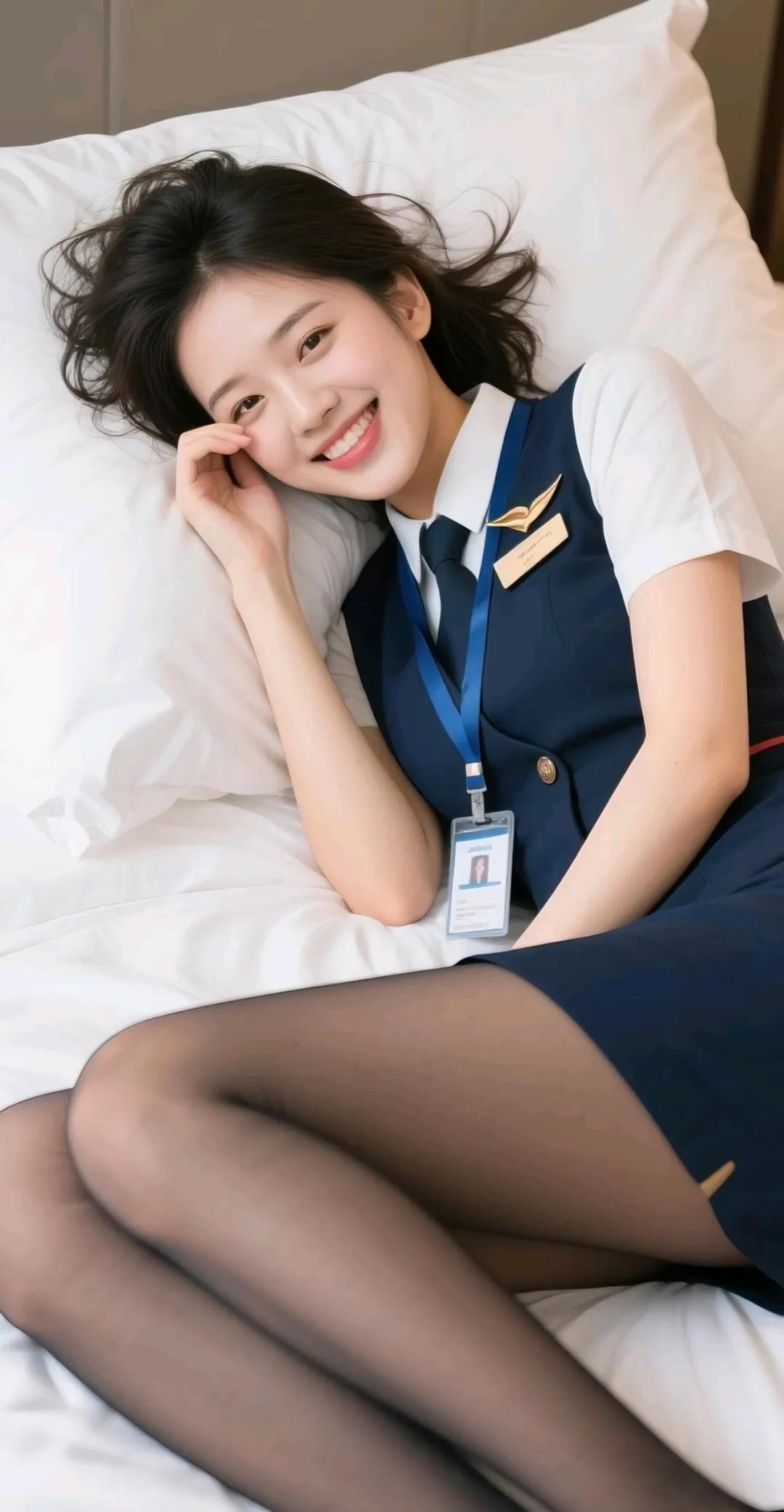 空姐微笑着靠在枕头上，看起来好温柔。