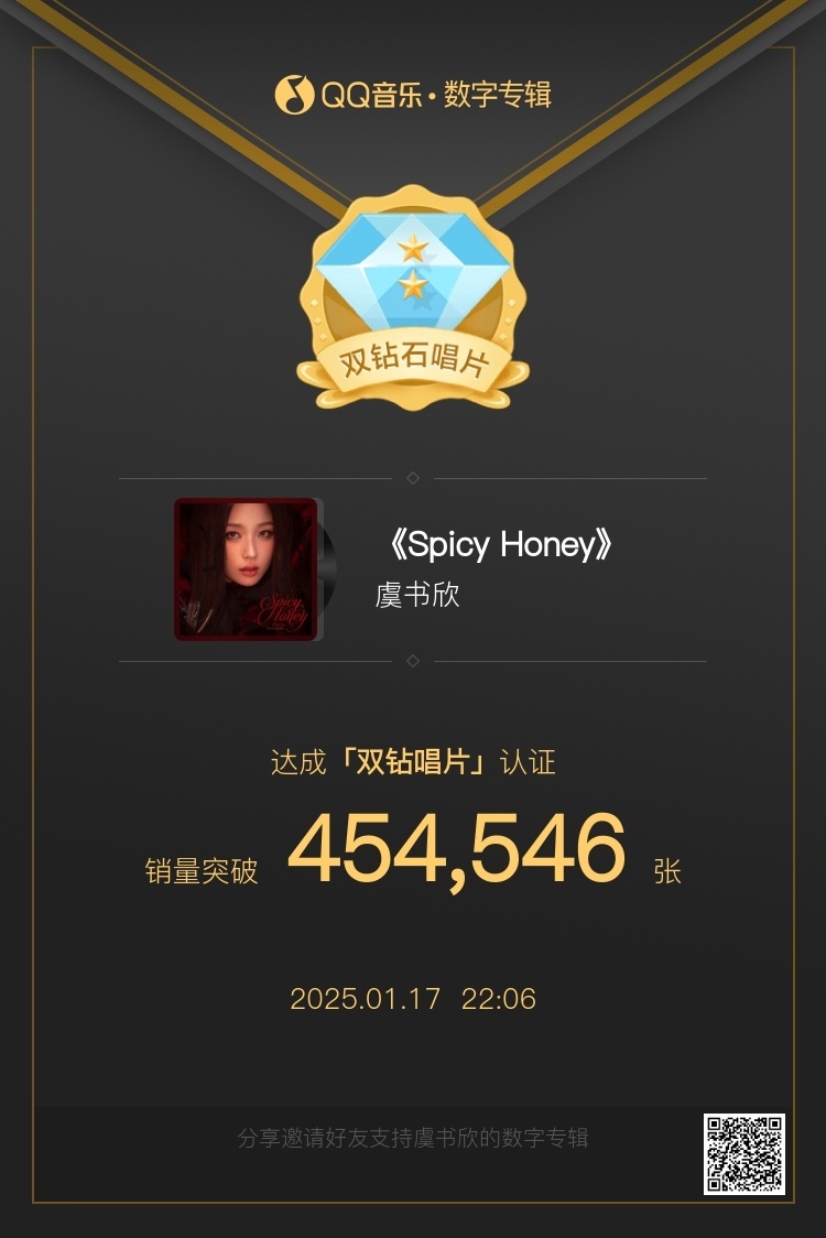 恭喜 虞书欣 首张正规一专《Spicy Honey》达成【双钻唱片】认证！🎉?