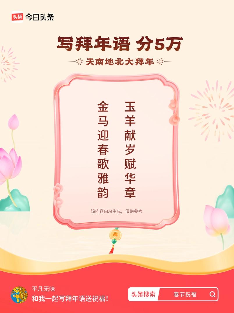 写拜年语送祝福新春拜年送祝福！我的祝福是：“金马迎春歌雅韵，玉羊献岁赋华章”！快
