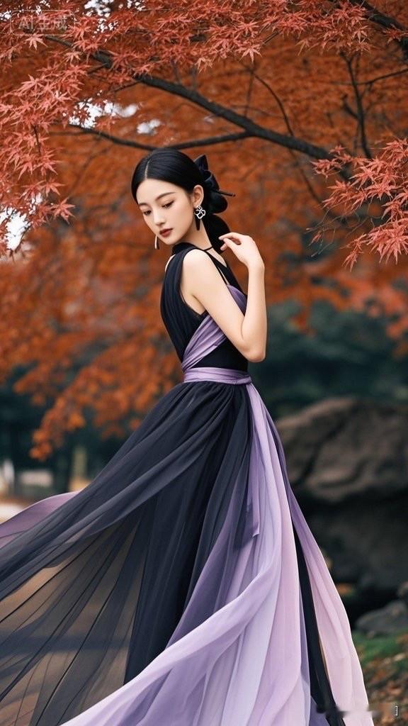 这姑娘穿着礼服，站在秋天的公园里。