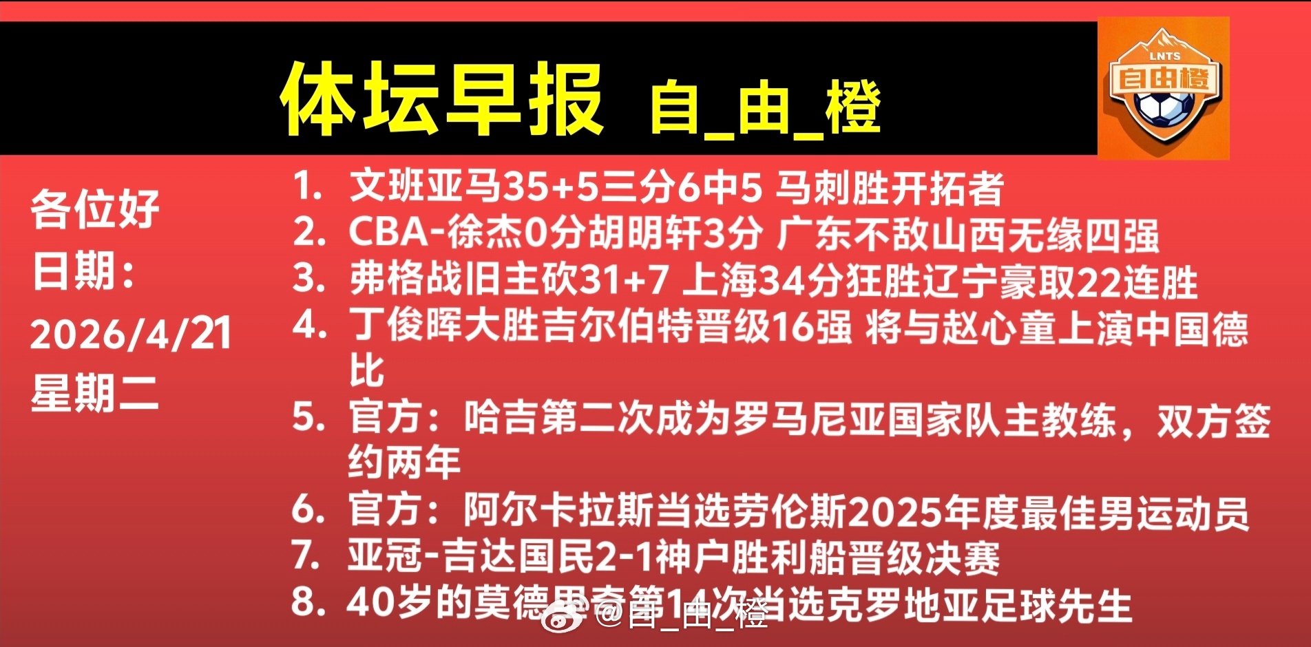 自由橙每日橙语体坛早晚报