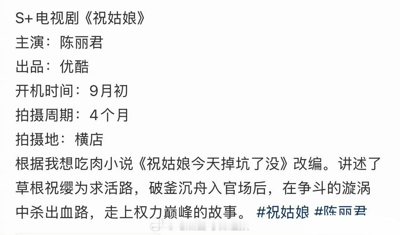 陈丽君也有大女主的🫓了，网传S+电视剧《祝姑娘》女主是陈丽君，预计九月开机！ 