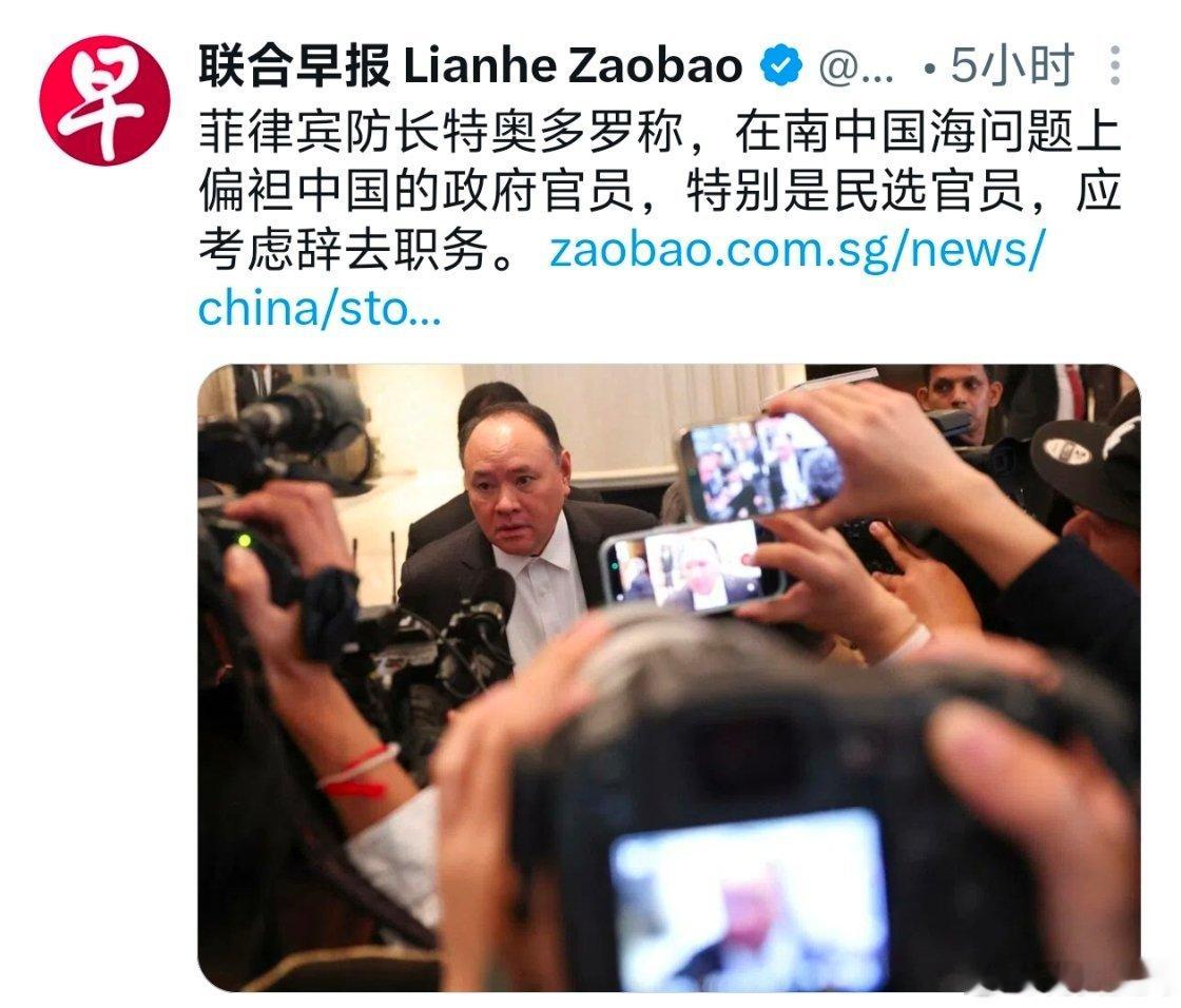 菲律宾防长还在继续叫嚣：在南海问题上偏袒中国的政府官员，特别是民选官员，应考虑辞