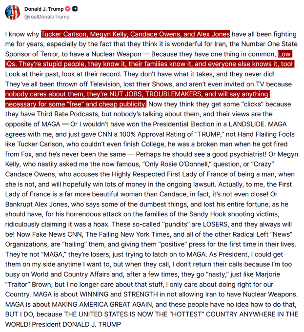刚刚 - 特朗普称亚历克斯·琼斯、塔克·卡尔森、坎迪斯·欧文斯和梅根·凯利为“低
