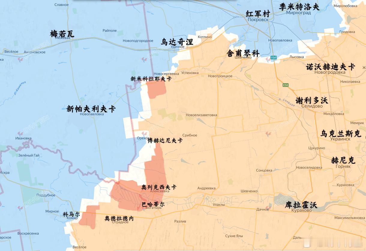 俄军还控制了大部分的新米科拉耶夫卡，这样一来中部集群90师和东部集群50小时左右