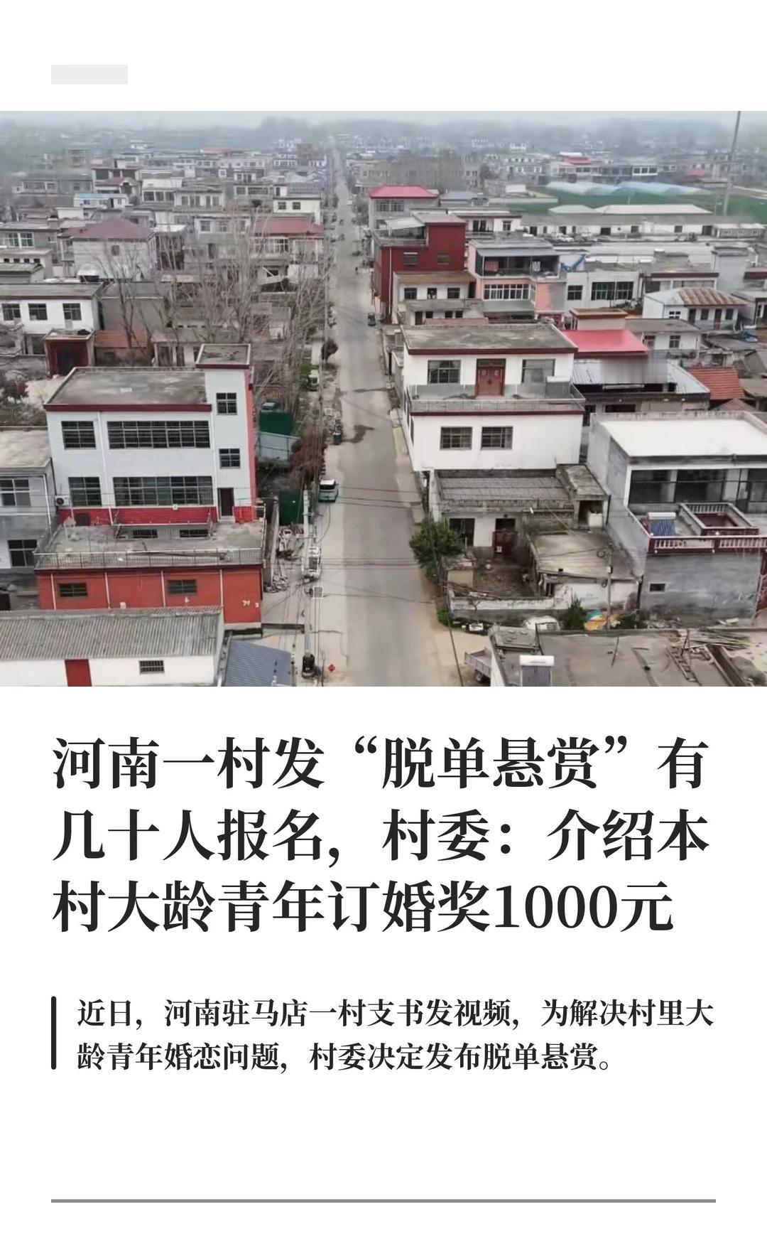 河南一村发“脱单悬赏”有几十人报名
近日，河南驻马店一村支书发视频，为解决村里大