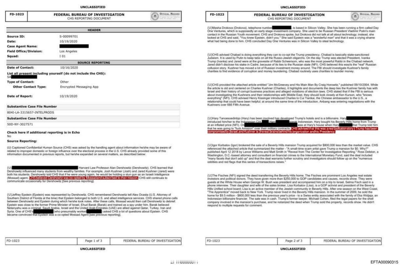 美国司法部新披露的爱泼斯坦文件中，有一份FBI文件显示，一名线人在 2020 年