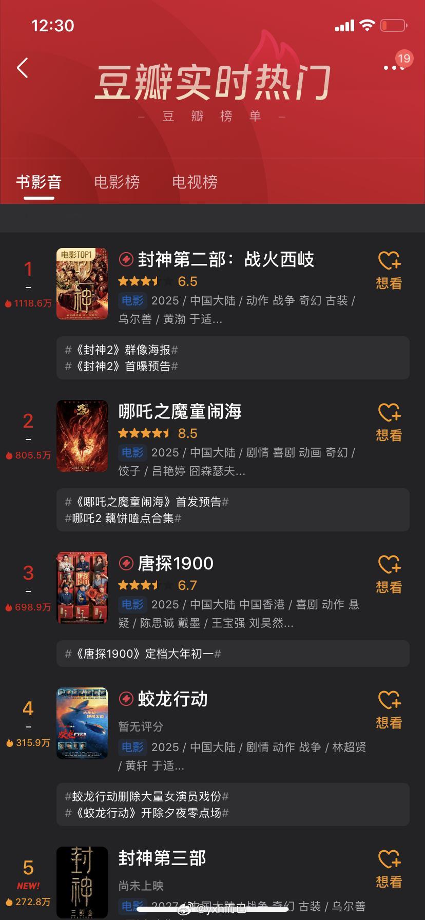 奇怪的是射雕豆瓣实时热门都没有，射雕打分不可能没热度…… 