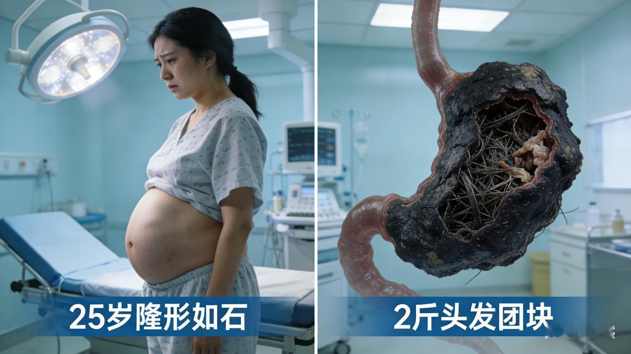 25 岁女子腹胀如石，胃镜发现 2 斤头发团块
25岁女子胃藏2斤“发石”，密密