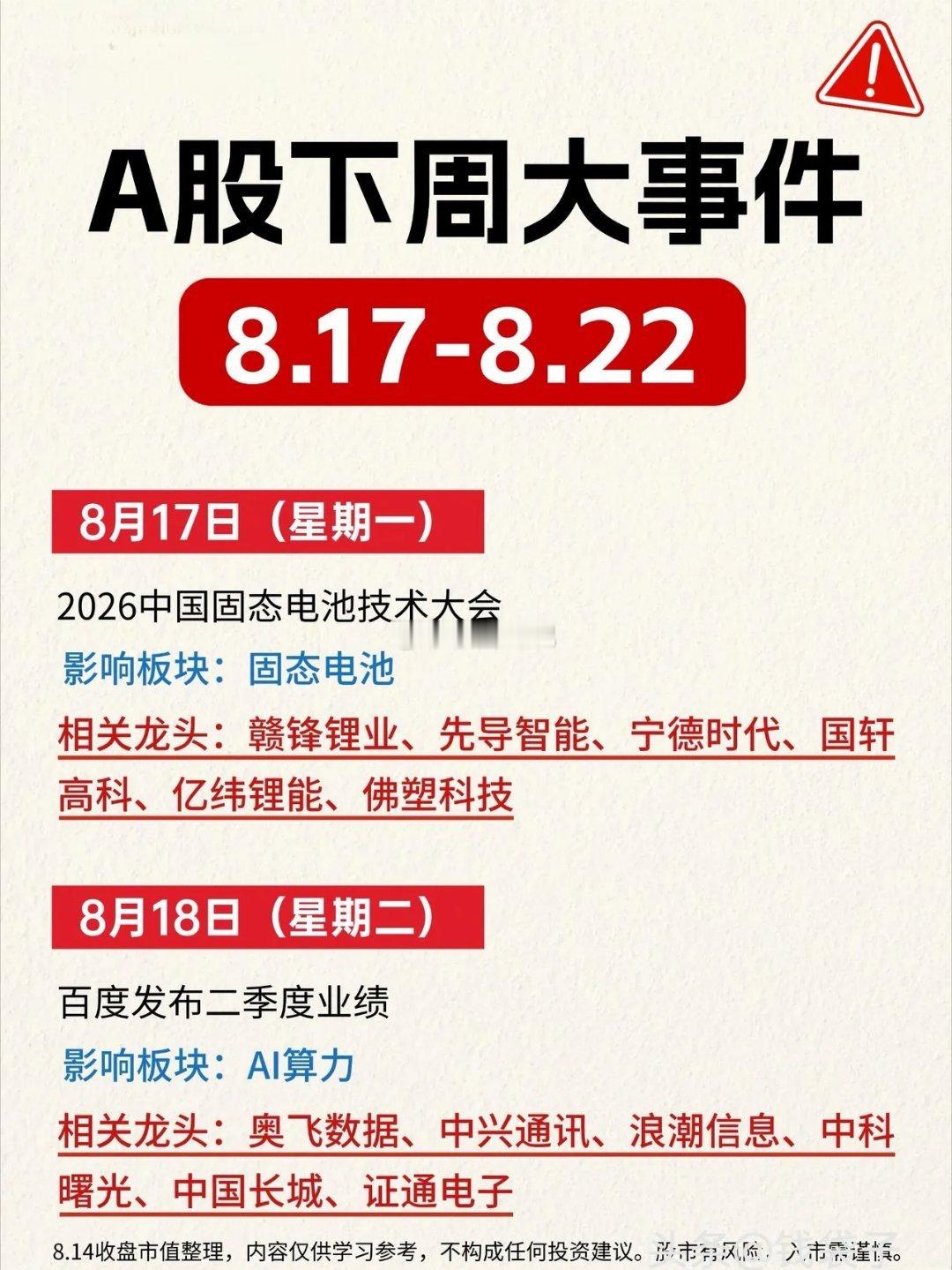 🔥A股下周大事件（8.17-8.22）‼️ 下周大事件前瞻，热门方向抢先知！ 