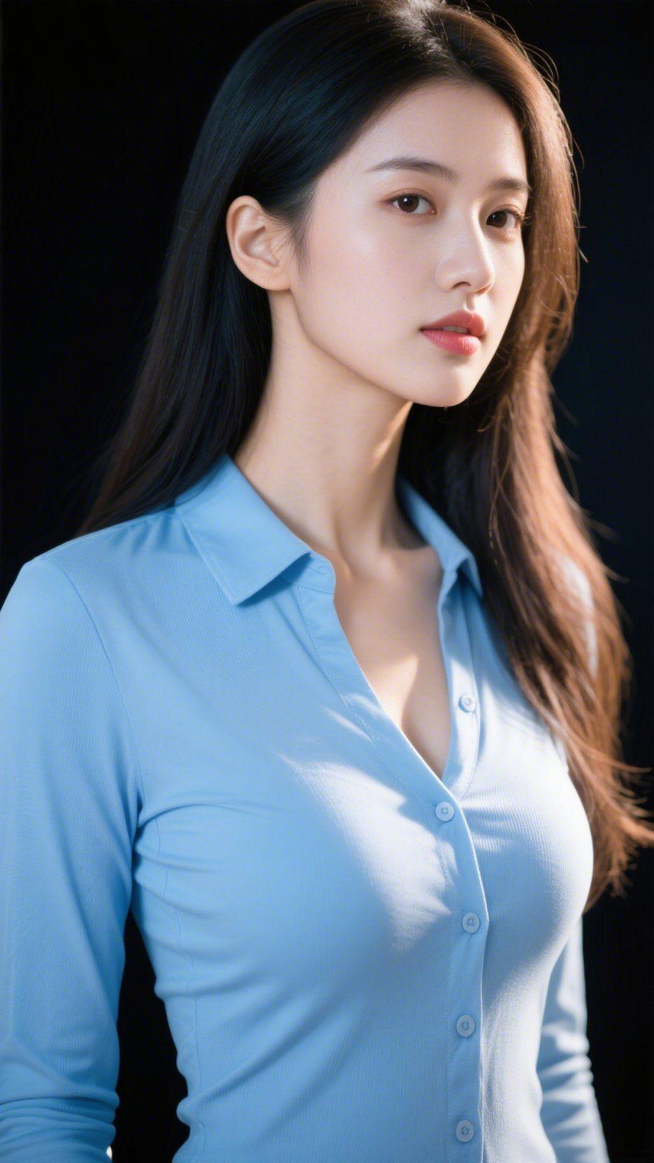 淡蓝衬里的静光
 
墨色背景裹着轻悄的暗，她身侧的淡蓝像浸了晨雾的软。衬衫领角垂