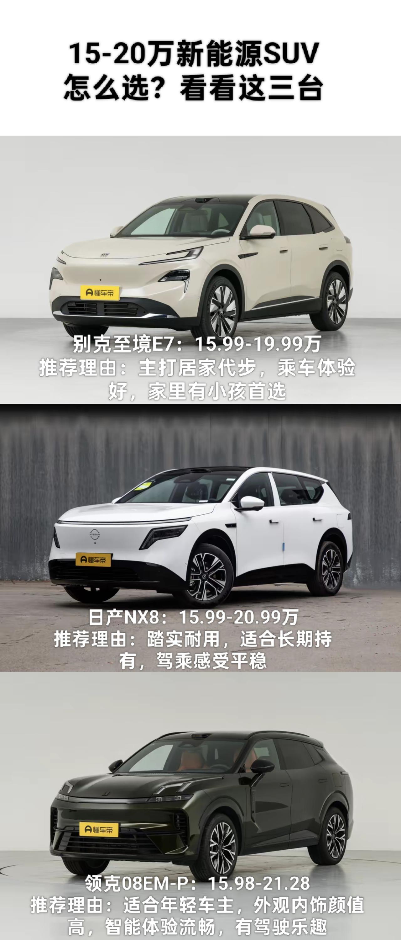 花15-20万想买台新能源SUV，大部分在这个预算区间购车都是这么想的，我挑了三