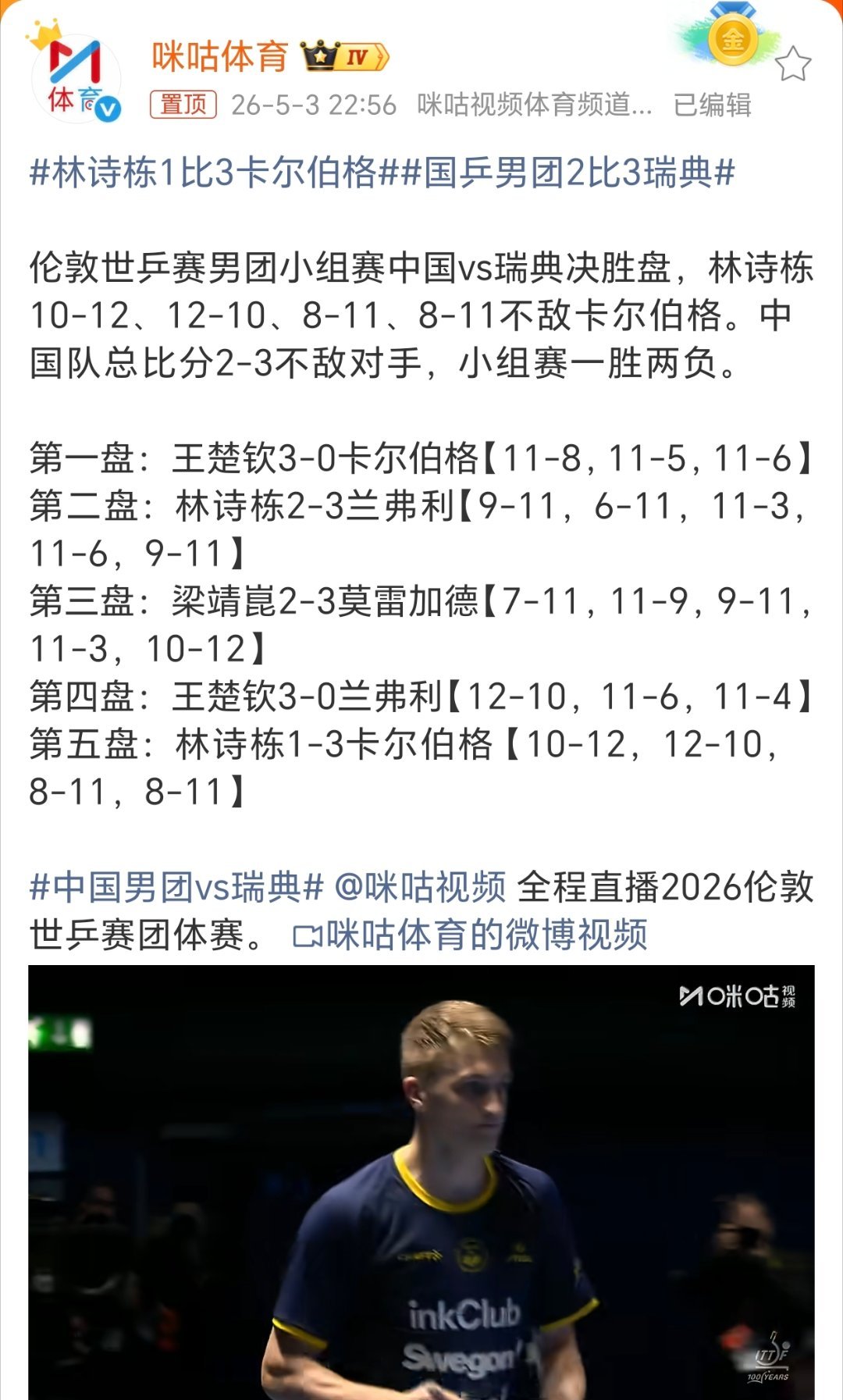 国乒男团2比3瑞典国乒男团2连败怎么会这样啊！ 