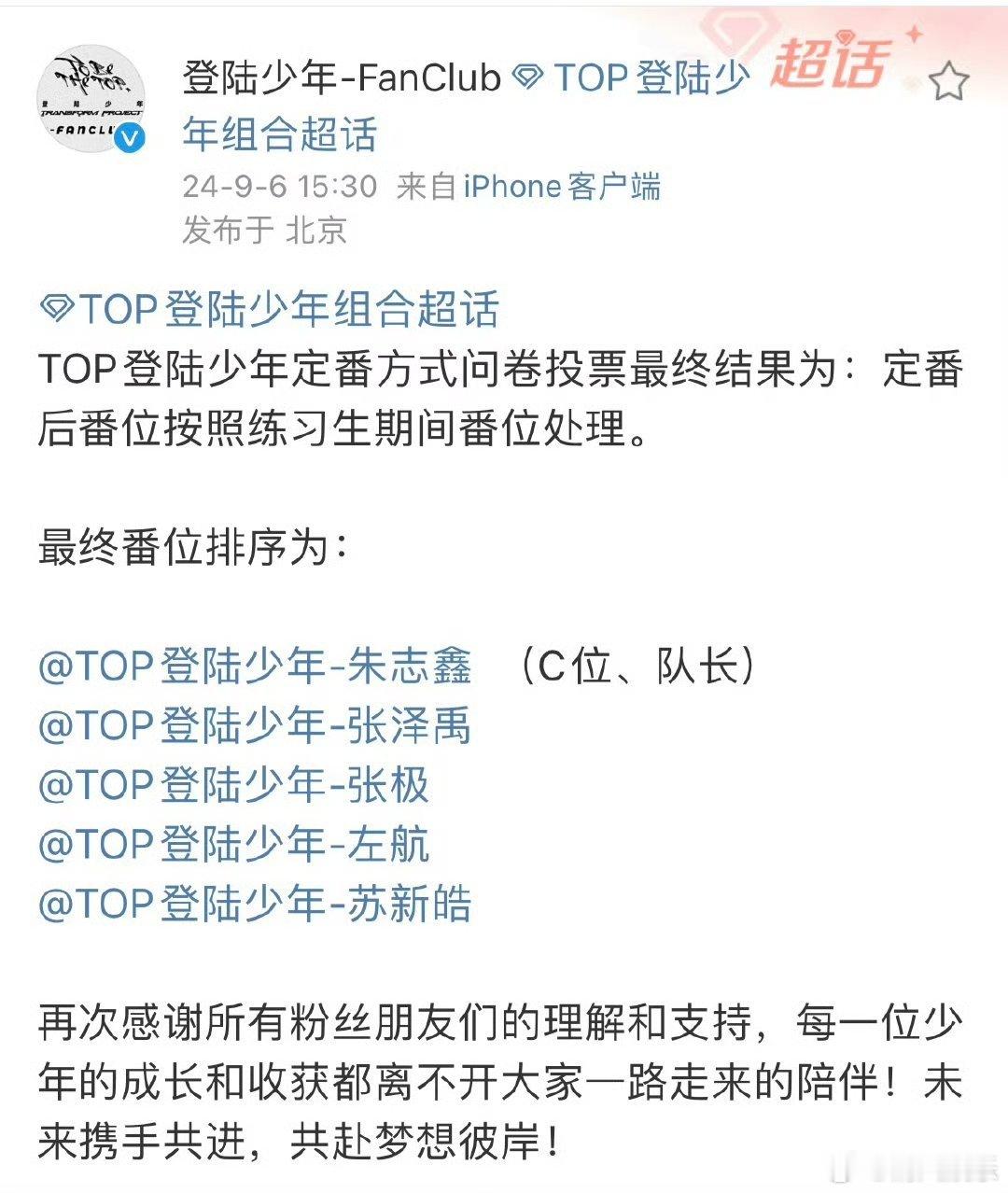 #登陆少年番位# TOP登陆少年番位公开，朱志鑫（C位 队长）、张泽禹、张极、左