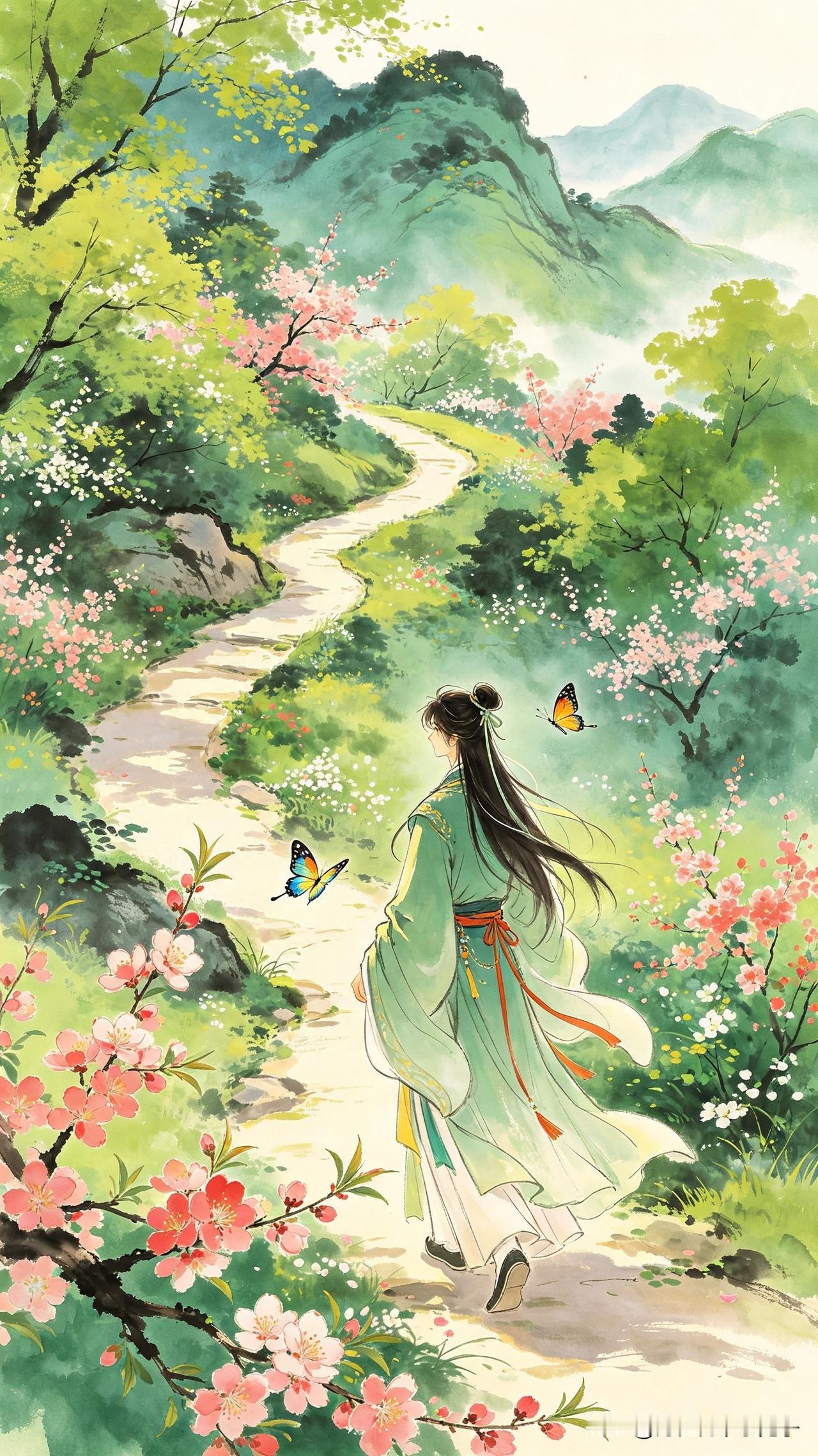 小径春深绿渐肥，
双双彩蝶绕人飞。
风微不动花间影，
     
…………请师友