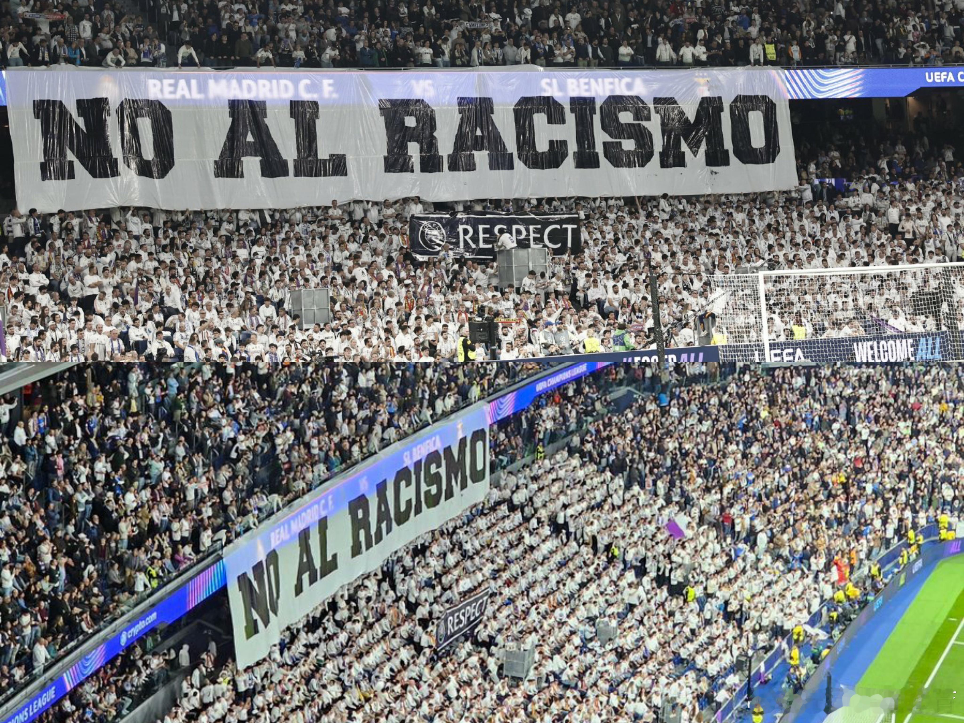 巨大的讽刺！皇马还有脸打“拒绝种族主义”的横幅。皇马2比1本菲卡皇马主席孙子种族