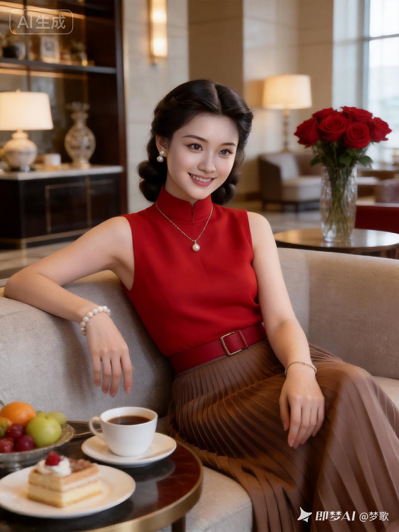 优雅下午茶时光，红裙与珍珠的完美搭配！