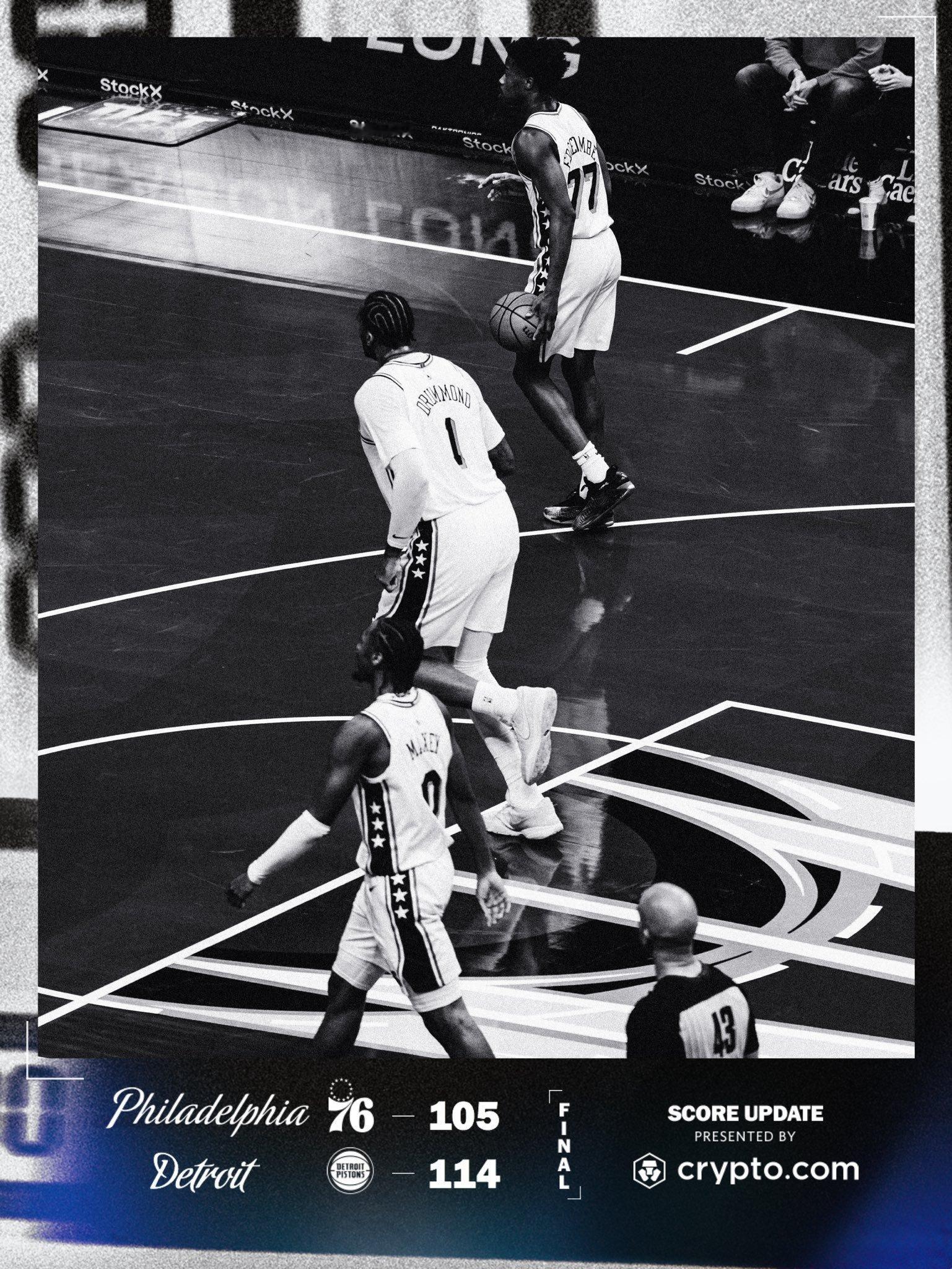 实力有限！全场比赛结束：76人队客场105-114不敌活塞队！马克西31分7篮板