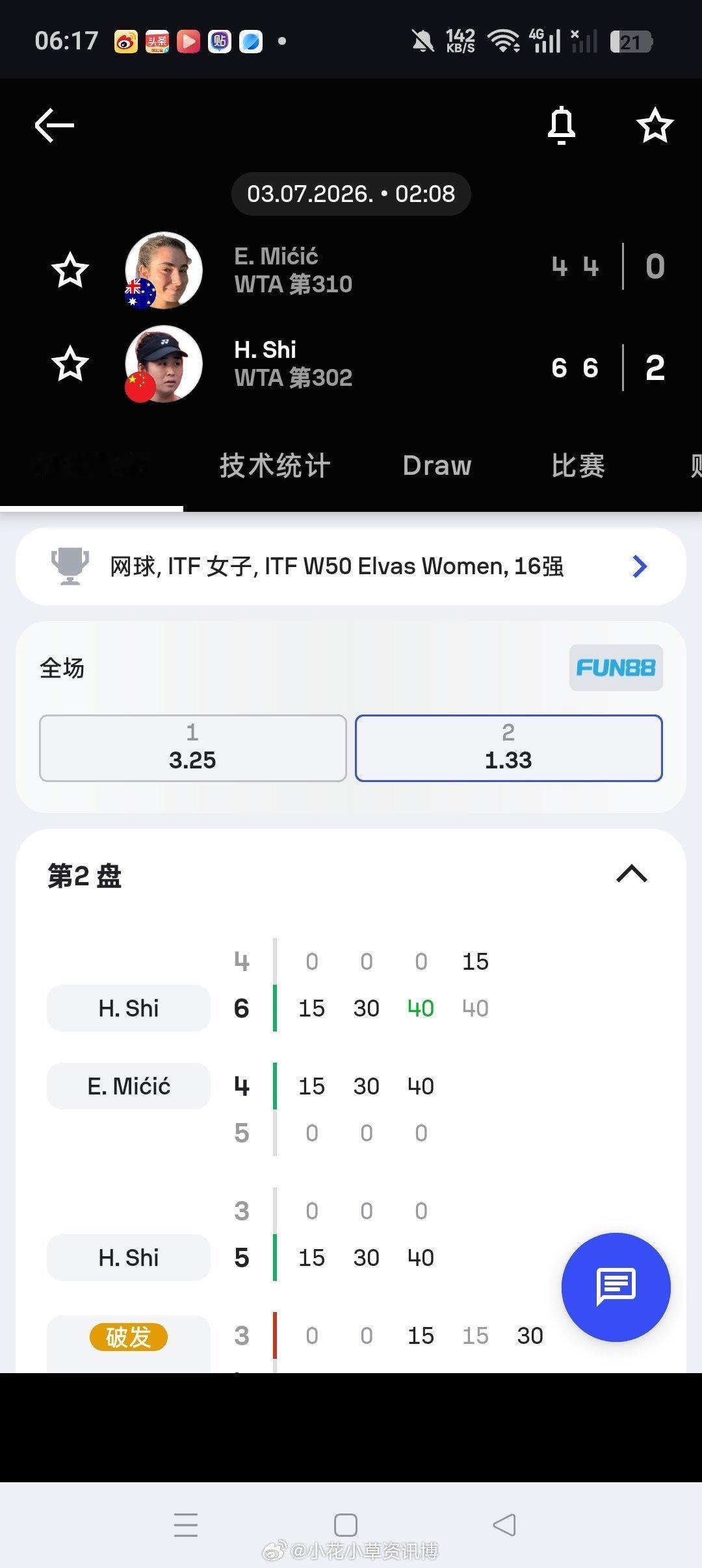 小花小草资讯 【🇵🇹埃尔瓦什W50】女单正赛第二轮🇨🇳施晗6-46-4击