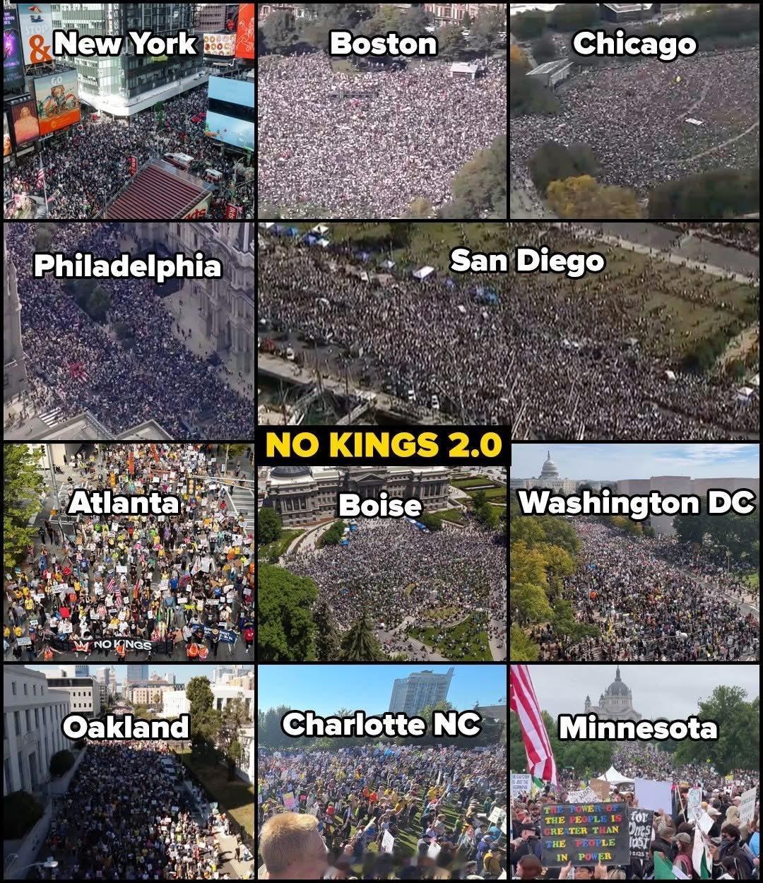 今天有近700万人参加了美国各地2700多场”No Kings”抗议活动，比6月