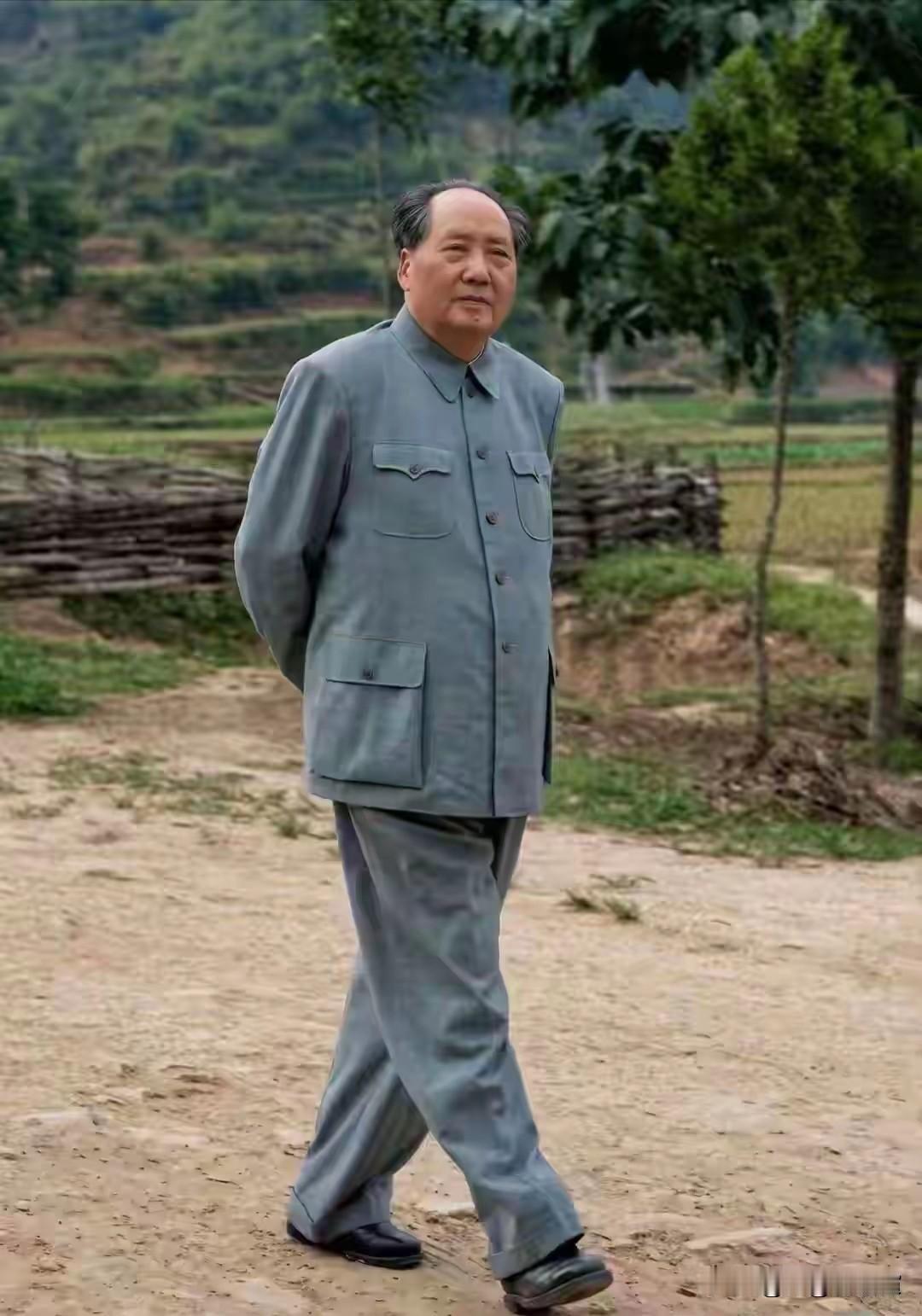 乡间土路，青山田野。伟人缓步前行，衣着朴素，目光沉静悠远。心中装着万家苍生，脚下