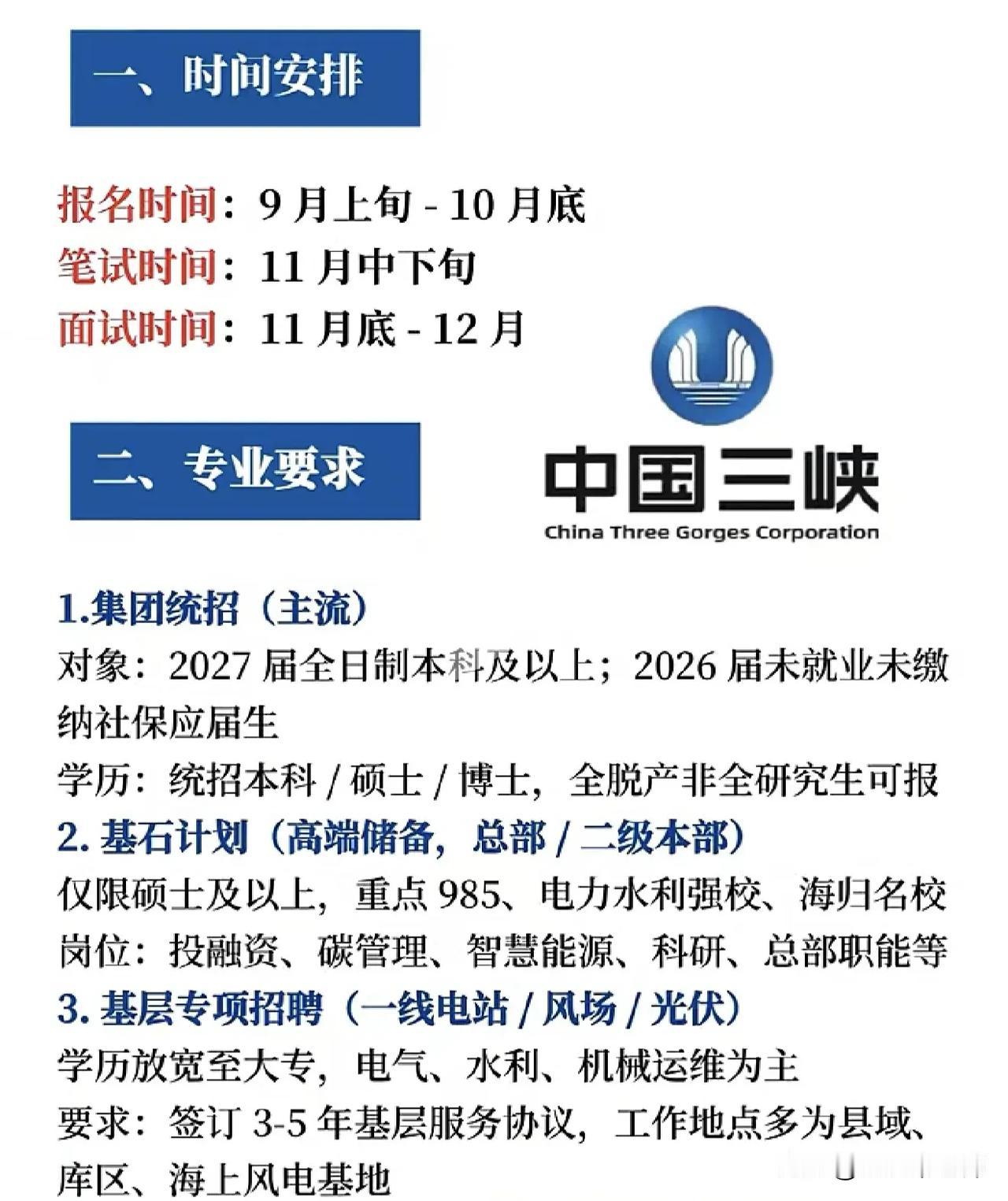 同学们，中国三峡集团今年的校招窗口已经明确了，大家真得打起精神来盯紧节奏，报名就