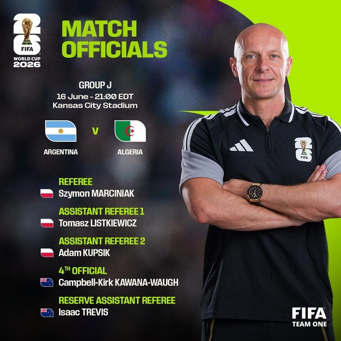 【】FIFA官方公布了世界杯J组首轮的裁判安排，波兰名哨马齐尼亚克执法阿根廷￼v