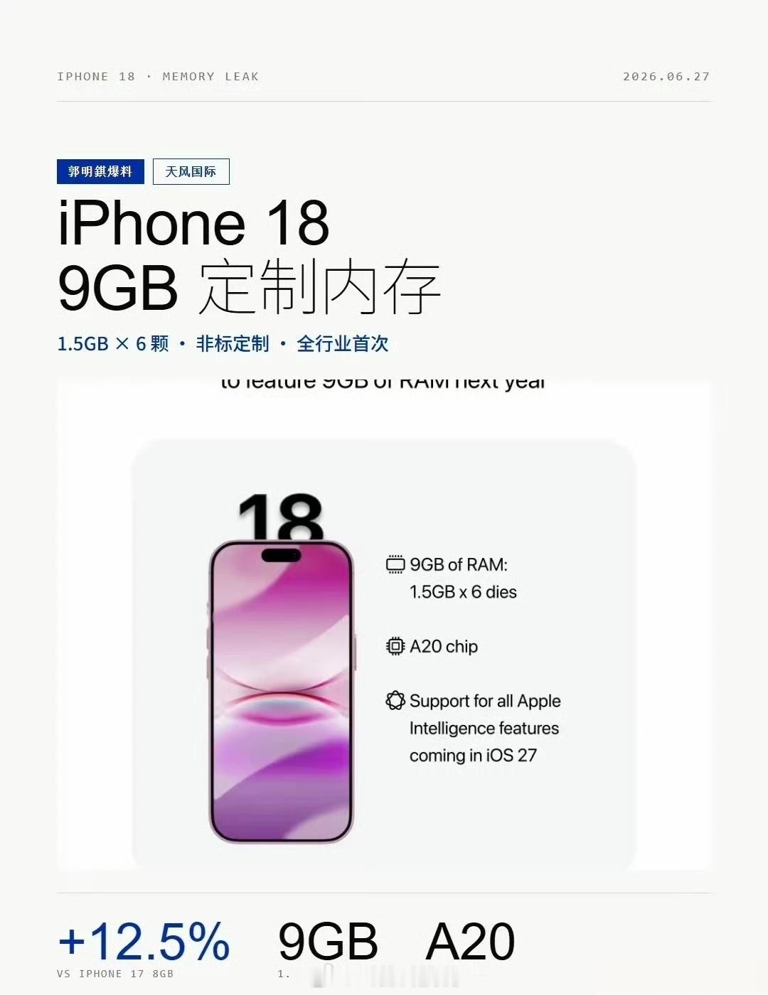 Only apple can do看来内存涨价对手机厂商影响不小，苹果将要定制9