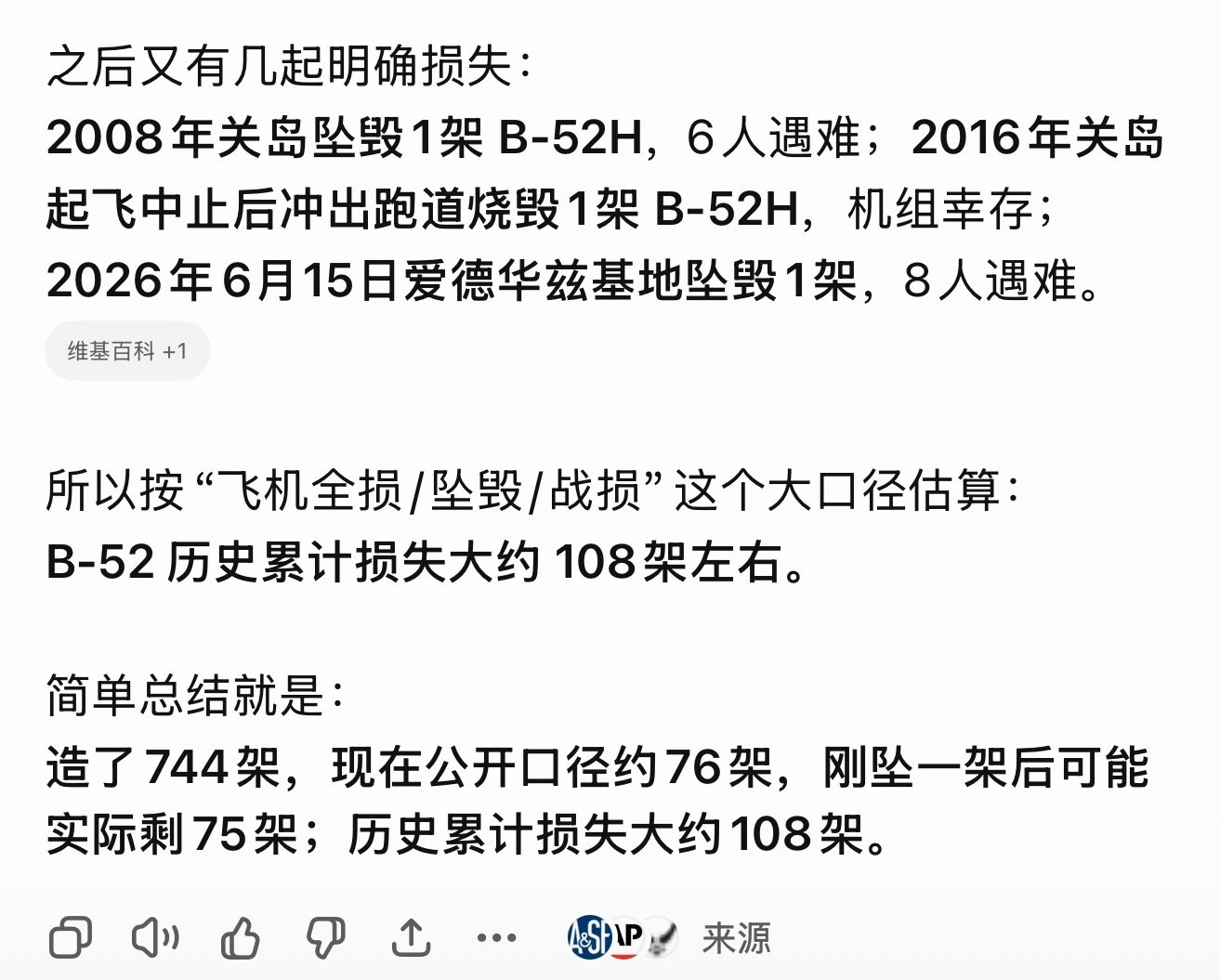 美国一架B52轰炸机坠毁不能是外星人进攻的吧？资料显示，目前美国的 B52大概还
