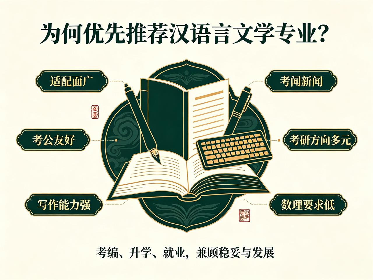 为什么优先推荐汉语言文学专业？该专业适配面广，不局限于当老师，考公岗位多，体制内