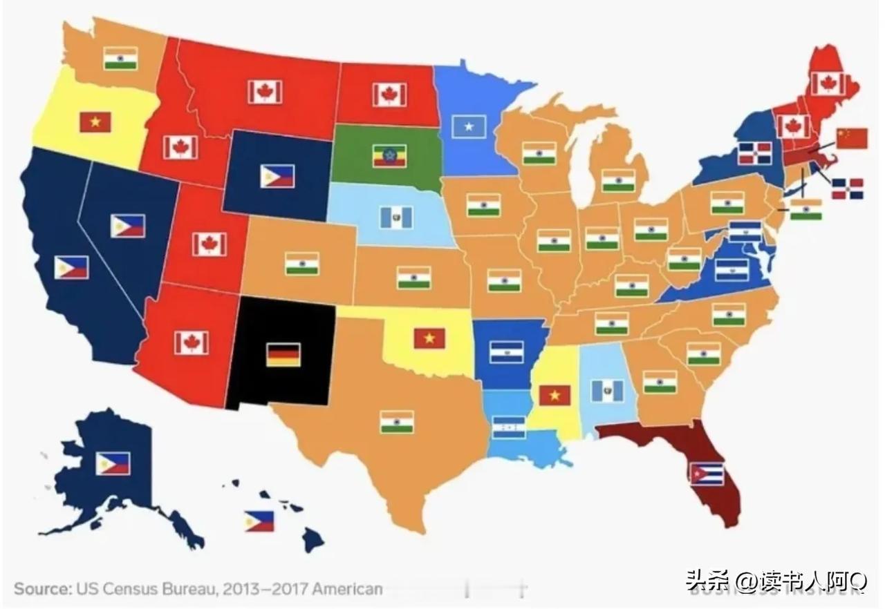 美国新移民中最常见的出生地分布图！是不是感到很震惊！这还是截止到2017年的数据