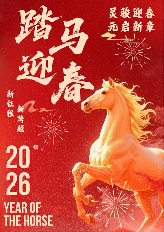 2026丙午马年第一谐音梗：
踏马迎春
新的一年祝您踏马快乐，踏马开心，踏马加油