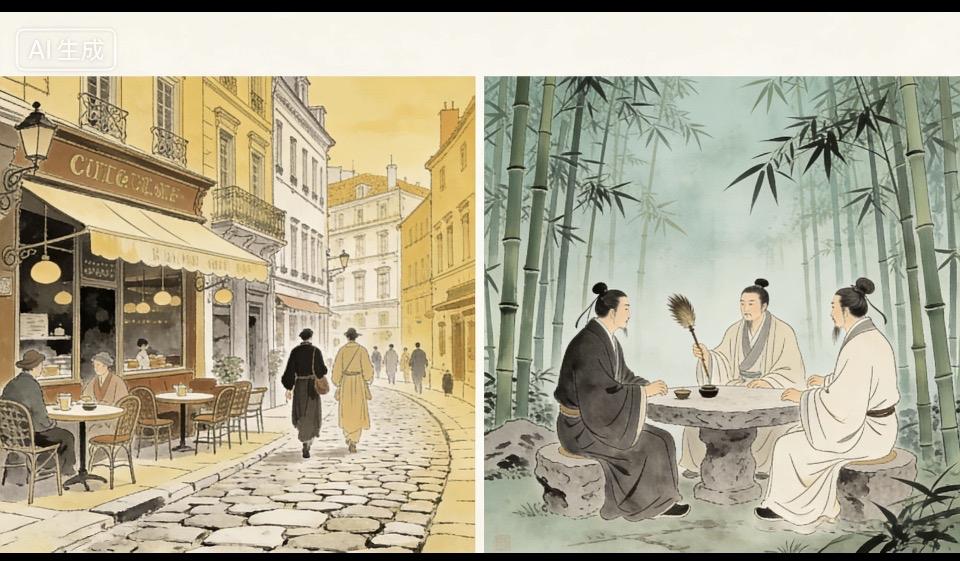 穿越时空的对话：东方竹林与西方街头的邂逅在这奇妙的新年里，一场跨越时空与地域的对