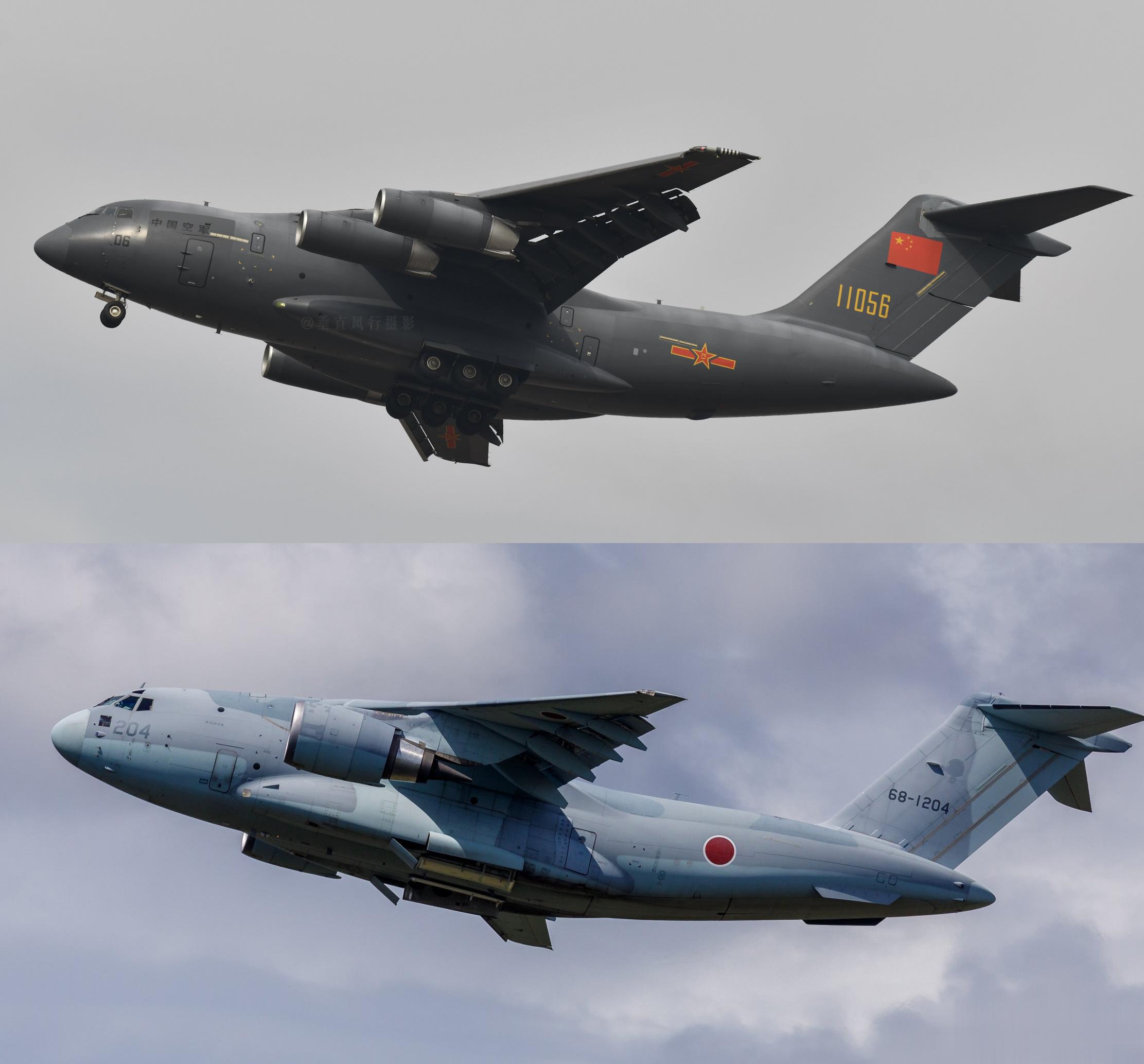 中国运20与日本C2同角度对比，没有按照同比例，运20体量应该大很多，上图摄于2
