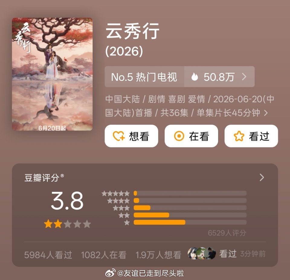 李一桐，曾舜晞，邓为《云秀行》开分3.8，打五星的人只有186个，三个主演粉丝就