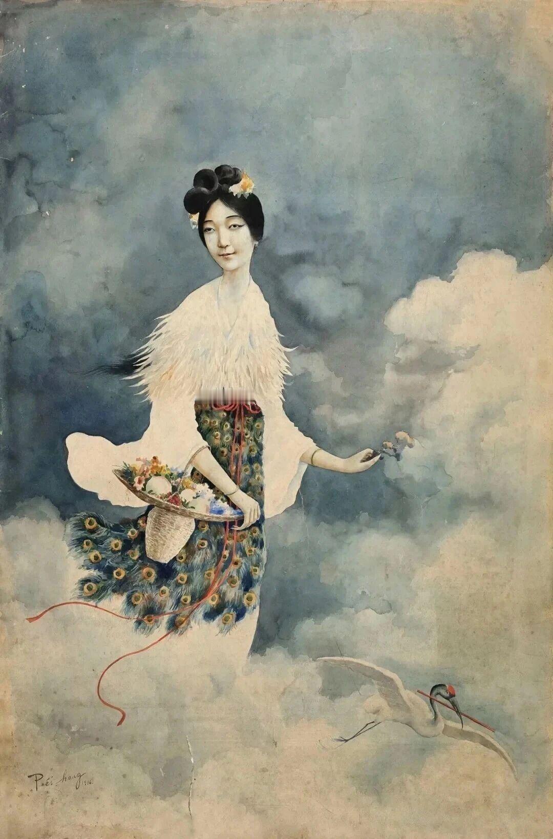 “天⼥散花”是中国传统⽂化中的经典题材，源⾃佛教故事，寓意吉祥与美好。
徐悲鸿的