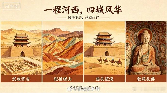 戈壁藏尽千年丝路一程河西，四城风华；武威怀古，张掖观山，雄关揽漠，敦煌礼佛，风沙